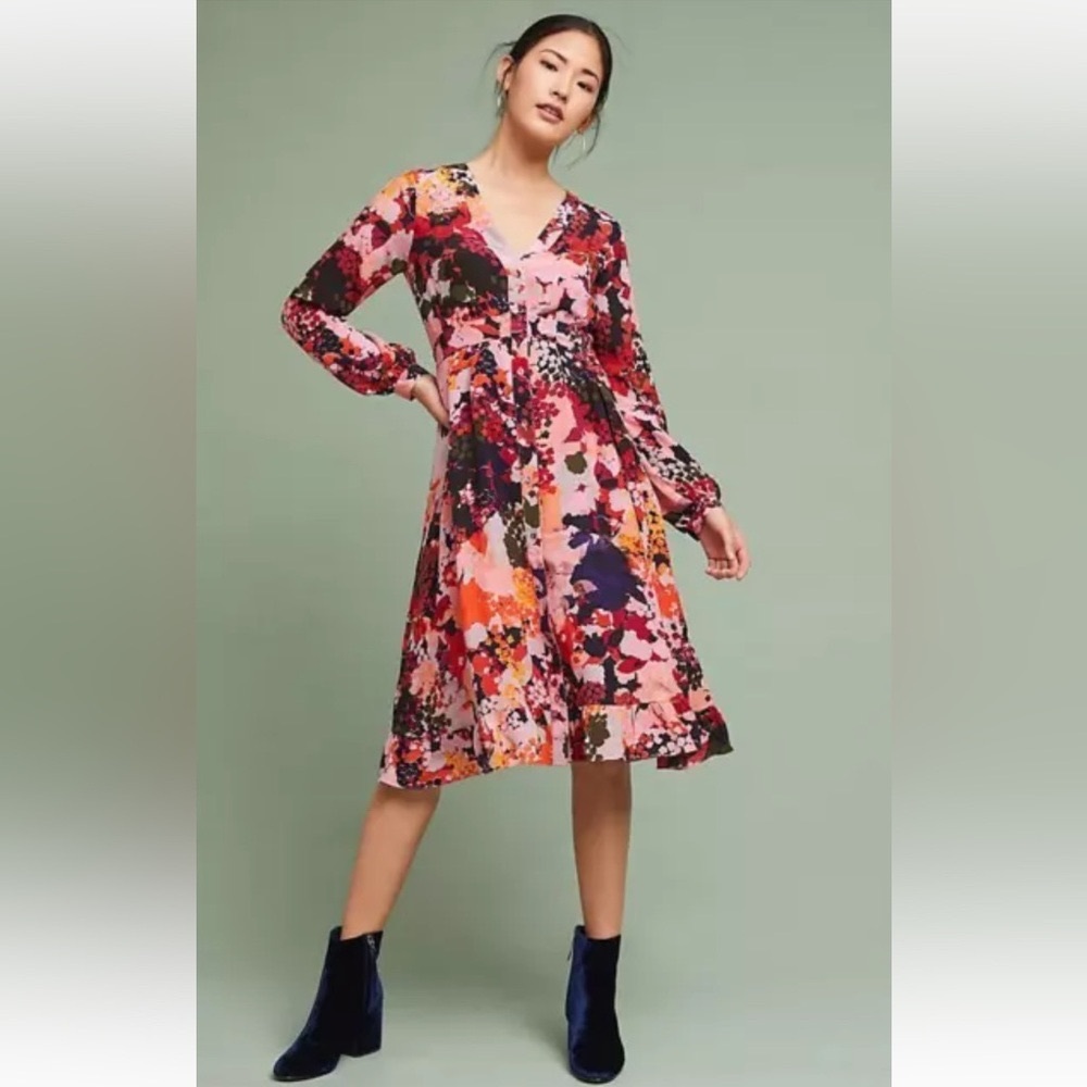 Maeve Anthropologie Floral Silk Wrap Dress Button Front Sz 0 EUC Pink Red